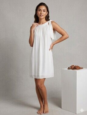 NT By Amati Italy Silk Blend Halter Dress White Shoulder Tie Shif Mini Size S/M